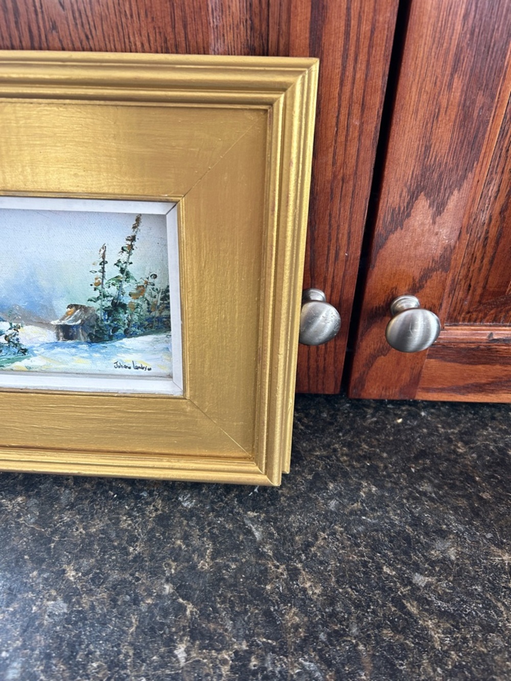 Johane Landry‎ Oil Painting Rendez-Vous Winter Cabin 1989 Signed Framed Québec - Picture 3 of 7